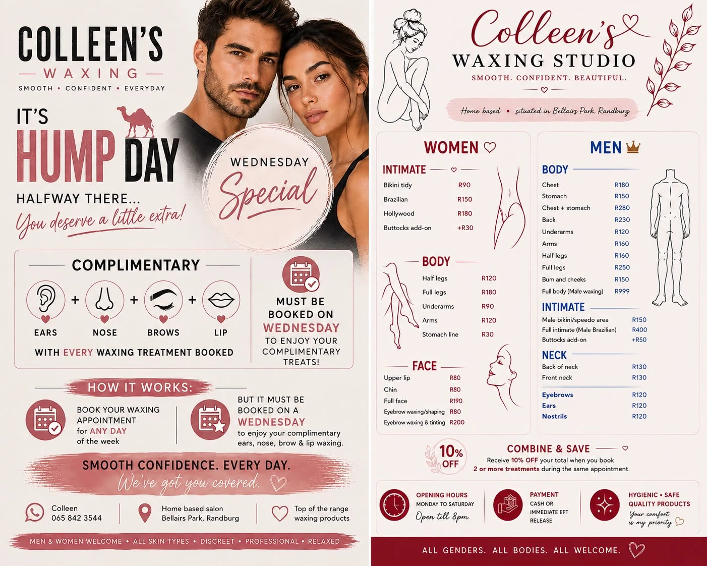 Colleen's waxing price list and Wednesday special